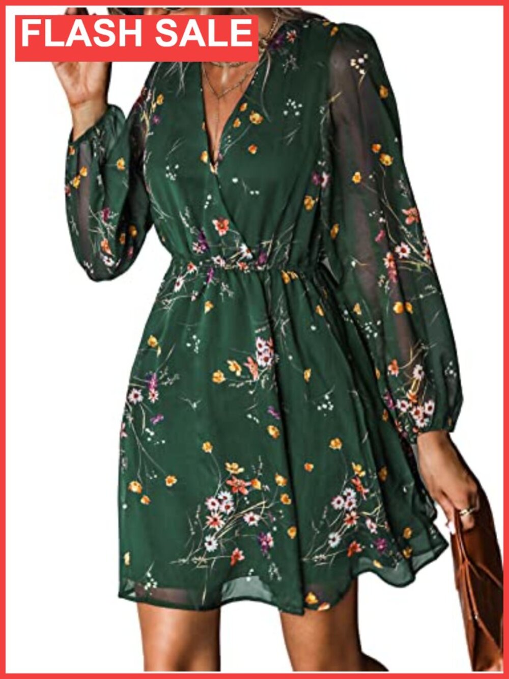 Floral Mini Dress Long Sleeve V Neck A-Line Chiffon Wedding Guest